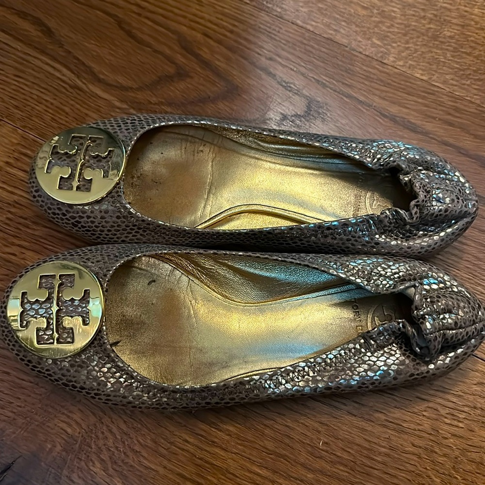 Gold snake print Tory Burch flats